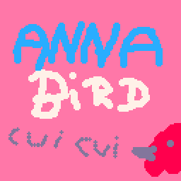 Gif effet wobble avec un dessin et le titre : 'Anna Bird', avec une tête d'oiseau et les mots 'cui cui'